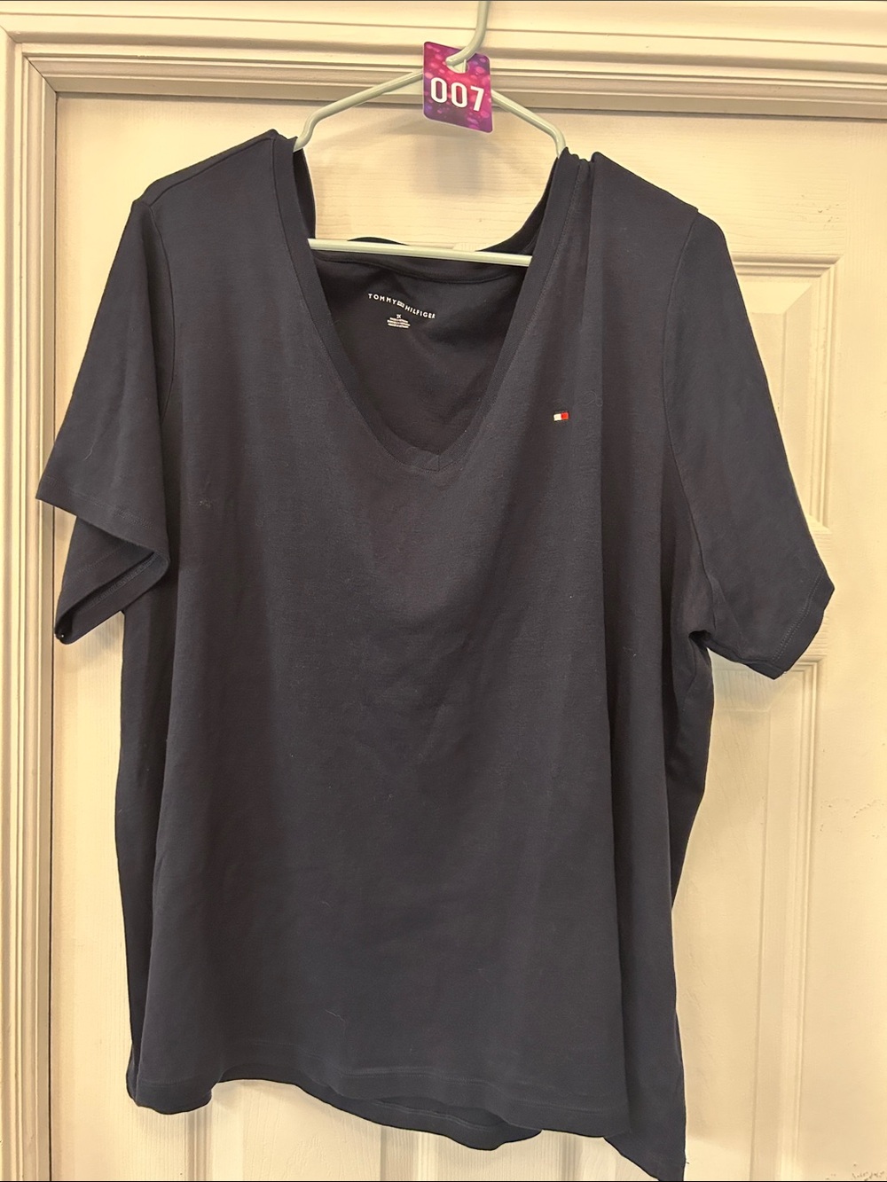 Tommy Hilfiger Navy V-Neck Short Sleeve Tee with Flag Logo